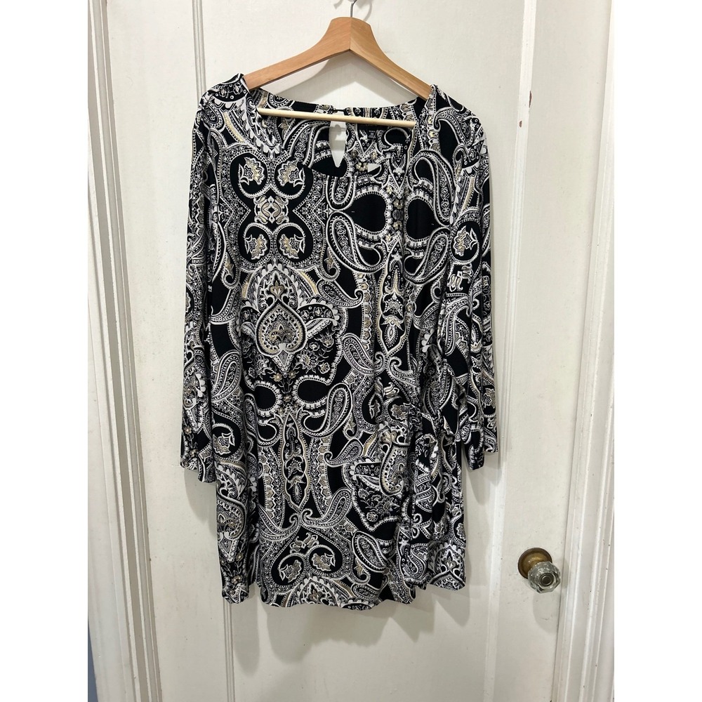 Cocomo Womens 3X Black White Gold Paisley Metallic Tunic shirt Dressbarn NWT - Picture 1 of 6